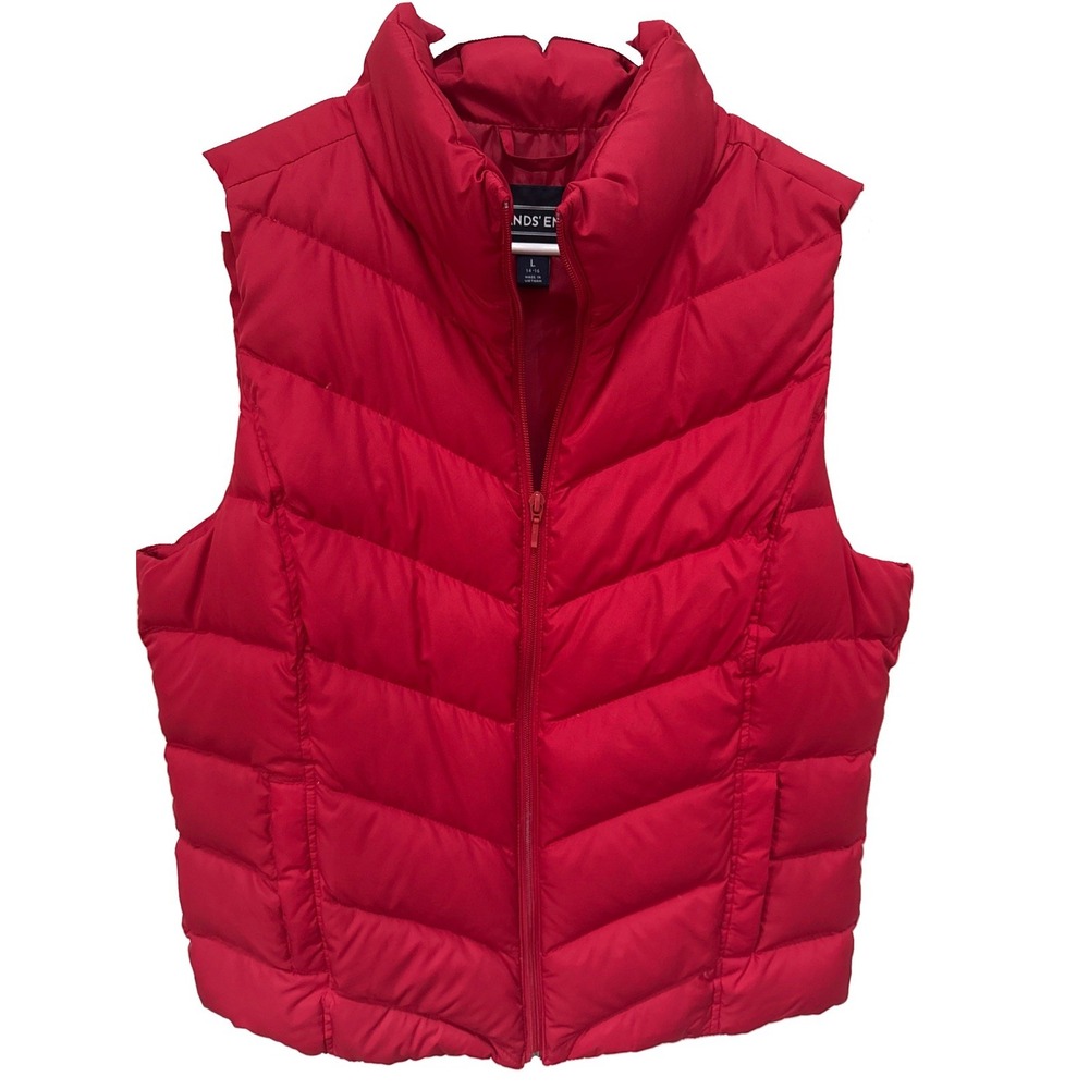 Lands' End Women's Large 14-16 Down Red Puffer Vest w Pockets